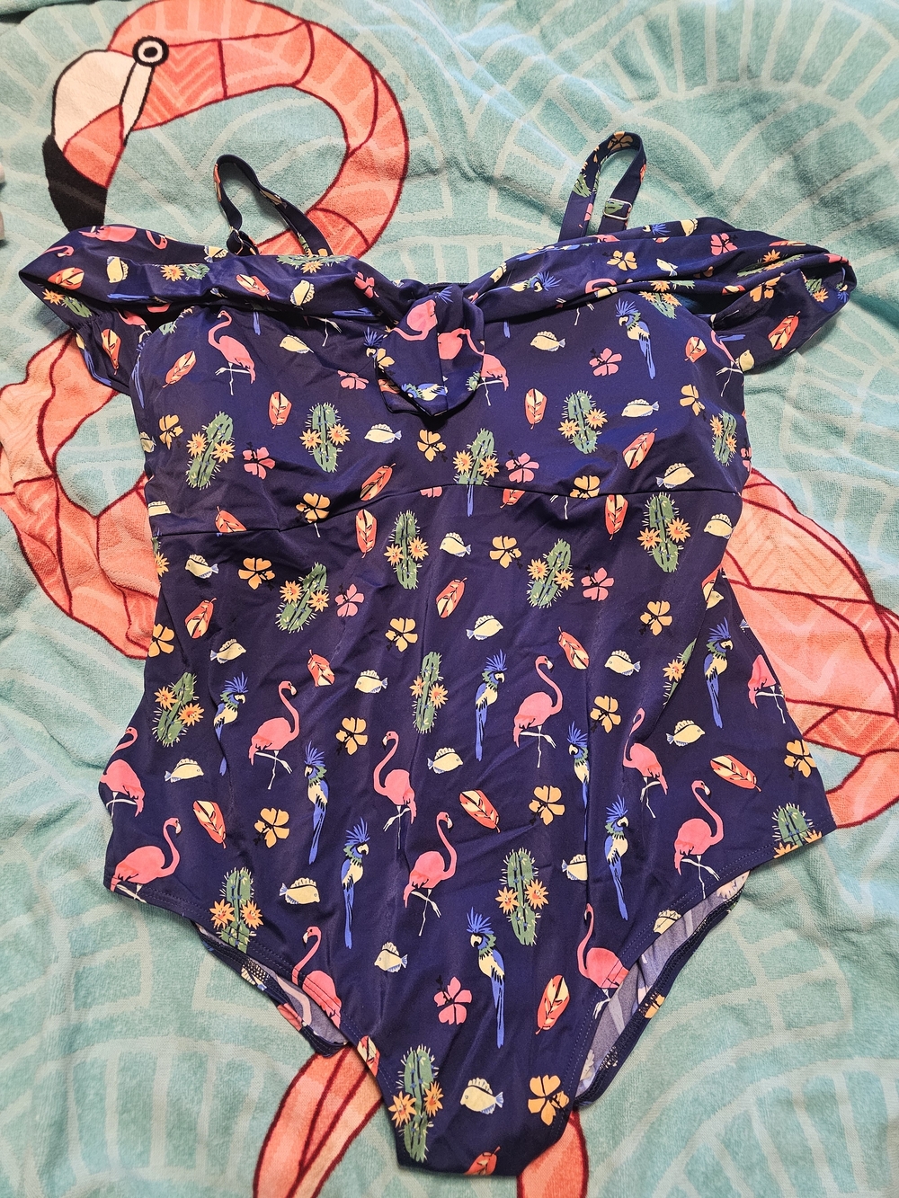 Eloquii Navy One-Piece Swimsuit with Pink Flamingo Print